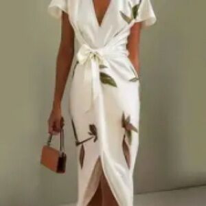 White Floral Wrap Midi Dress with Tie Waist
